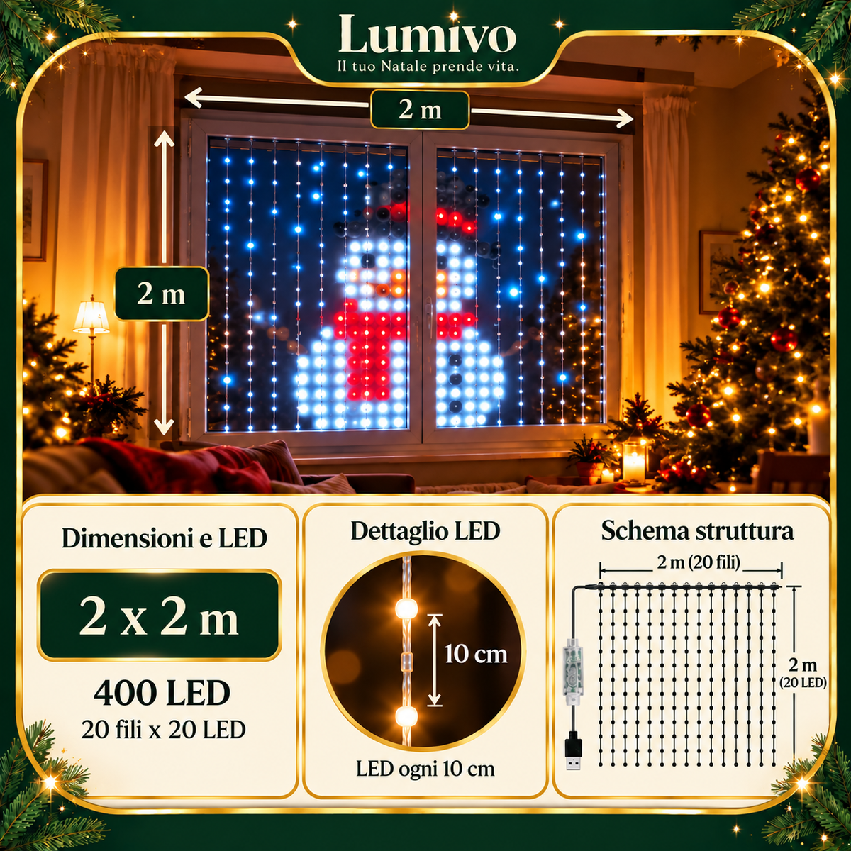 Tenda LED Smart 2 x 2 m – immagini e scritte dal telefono