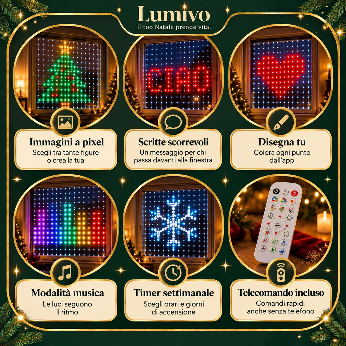 Tenda LED Smart 2 x 2 m – immagini e scritte dal telefono